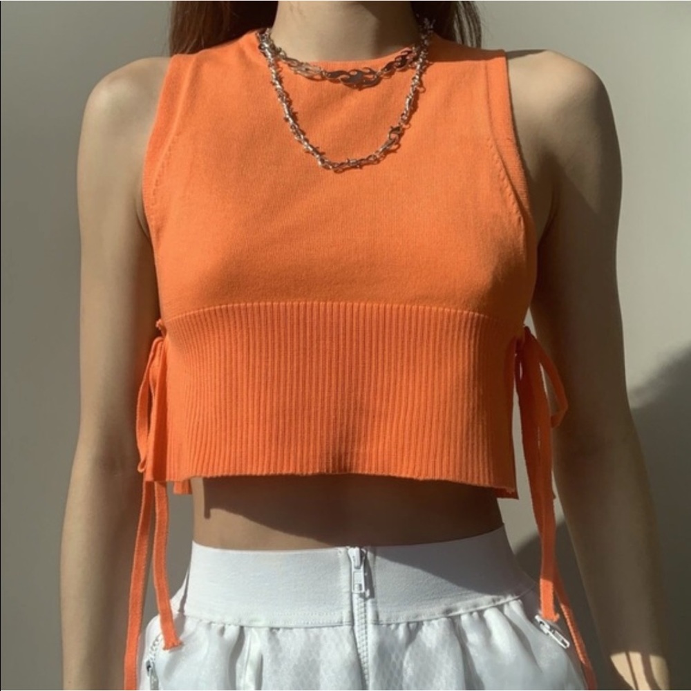Orange ribbed square side tie tank top